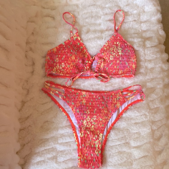 HOT 🔥 Floral Smocked front cut out drawstring bikini swimsuit ~ Small - Picture 2 of 6